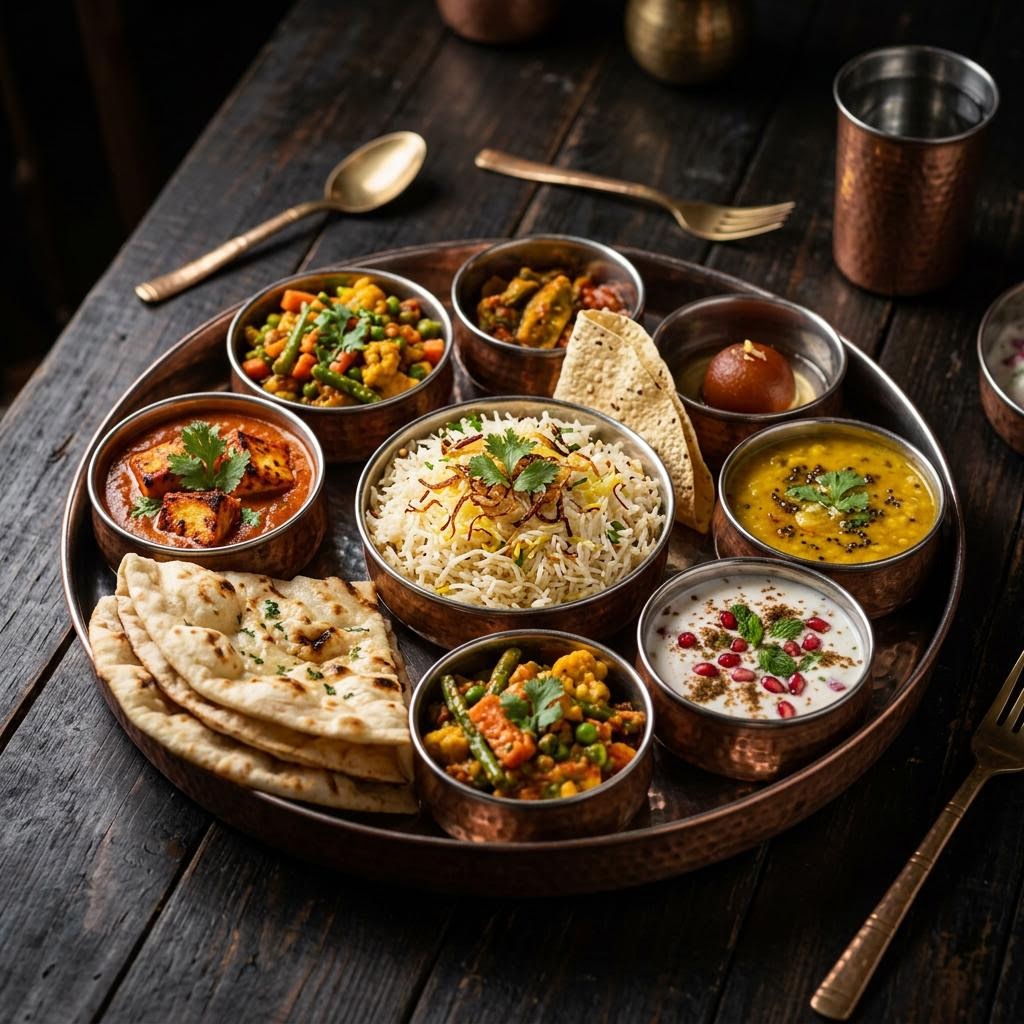 Chef's Special Paneer + Veg Curry of the Day + Mom's Dal + Bilal Rice + Roti + Spiced Raita