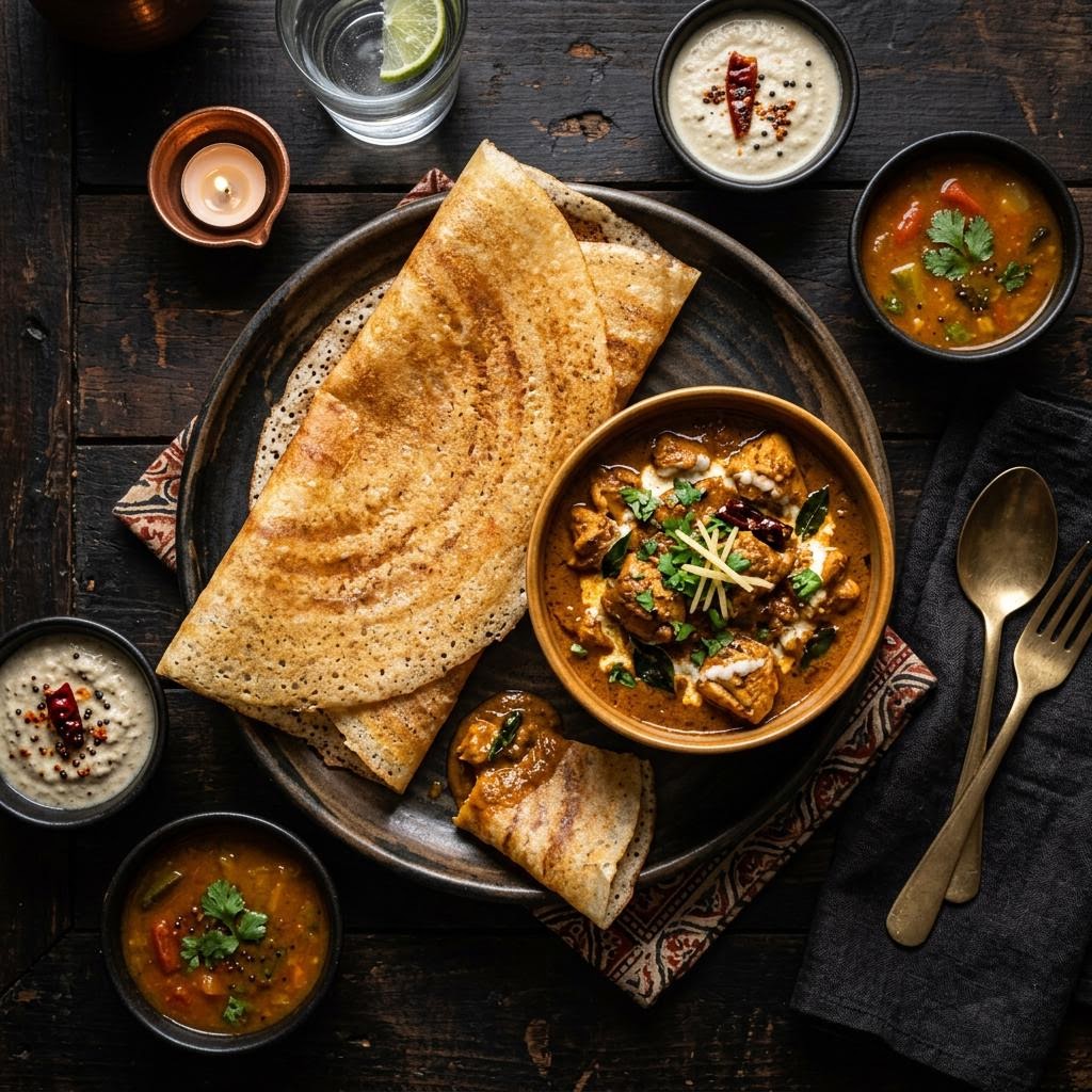 Dosa with Chicken / Coconut Fish Curry