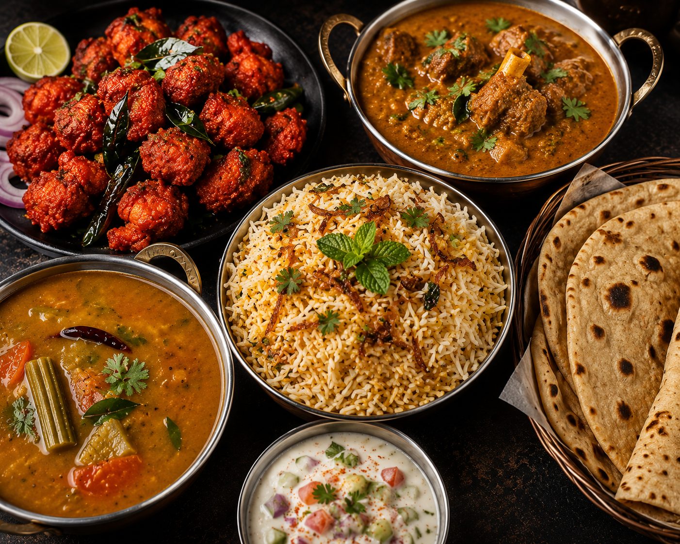 Chicken 65 + Mutton Dalcha + Sambar + Bilal Rice + Roti + Spiced Raita