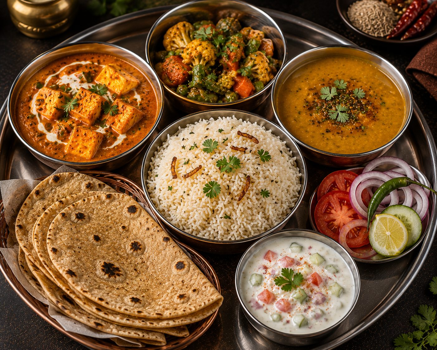 Chef's Special Paneer + Veg Curry of the Day + Mom's Dal + Bilal Rice + Roti + Spiced Raita