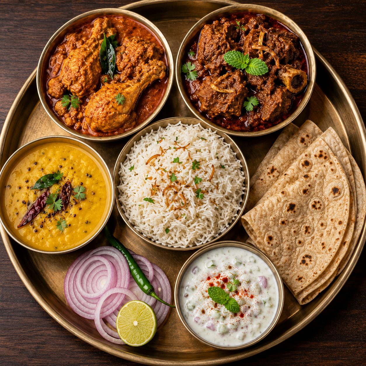 Guntur Chicken Curry + Golconda Mutton Curry + Mom's Dal + Bilal Rice + Roti + Spiced Raita